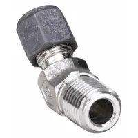 This PARKER single-ferrule compression elbow connects 1/4 in OD tubing to a 1/4 in male NPT port. Made of stainless steel, it is part of the CPI series and compatible with CPI brand fittings. Used in instrumentation, hydraulic, and pneumatic systems for leak-tight, vibration-resistant connections