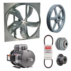 Unassembled belt-drive panel exhaust fan with drive package. Features a 54-inch blade, 3 hp motor, and 37,683 cfm airflow at 115/230V AC single phase. Zinc-plated steel frame, totally enclosed fan-cooled motor with Class F insulation. Without intake guards. Suitable for high-volume air movement in industrial and commercial facilities.