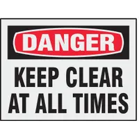 Set of 8 adhesive-mounted danger signs with a 'Keep Clear At All Times' message. Non-retroreflective, non-glow-in-the-dark, and without anti-slip surface. Suitable for indoor or sheltered areas requiring clear warning signage