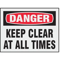 Set of 8 adhesive-mounted danger signs with a 'Keep Clear At All Times' message. Non-retroreflective, non-glow-in-the-dark, and without anti-slip surface. Suitable for indoor or sheltered areas requiring clear warning signage.