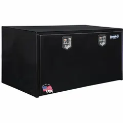 This single drop-down door box is designed for underbody mounting on trucks, providing secure storage for tools and equipment. It features a keyed lock and a 24-inch overall depth. The black finish offers a professional appearance.