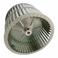 Steel forward-curved blower wheel with 11-inch diameter, 10 1/2-inch width, and 1/2-inch bore. Features clockwise hub end rotation and two inlets. Suitable for use in HVAC and industrial air-moving systems as a replacement part.