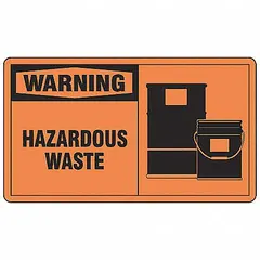 Orange background label with 'Hazardous Waste' message. Measures 5 inches wide by 3 1/2 inches tall. Pack of 5. Used for marking containers that hold hazardous waste for identification during handling and transport.