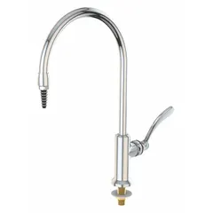 Single-post laboratory faucet for cold water media. Constructed of brass with a chrome finish. Features one handle, one outlet, and an IPS inlet connection. Includes a green index marked CW for cold water identification.