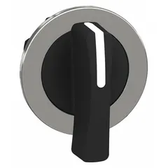 Selector-switch operator from the Series XB4 with a metallic bezel and 30 mm panel mount. Offers three positions with momentary/maintained/momentary action. No cam included. Used as a control operator in industrial machinery and panel applications for selecting machine modes or functions.