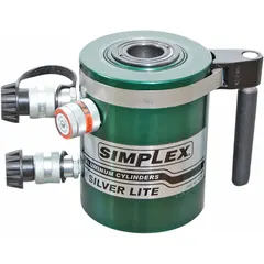 The ENERPAC RACD1004 is a 100-ton nominal capacity hollow hydraulic ram with a 4-inch nominal stroke length and a 3.5-inch center hole. Designed for tensioning, pulling, and jacking applications, it allows a rod or cable to pass through the hollow plunger. Suitable for heavy lifting and industrial maintenance tasks requiring high force in confined spaces.