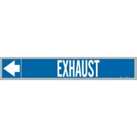 Blue adhesive pipe markers with white 'Exhaust' legend and directional arrows. Each roll contains 25 markers designed for pipe outer diameters from 2-1/2 to 6 inches. Used to identify exhaust piping systems in industrial facilities, aiding maintenance and safety personnel in quickly locating and tracing lines
