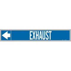 Blue adhesive pipe markers with white 'Exhaust' legend and directional arrows. Each roll contains 25 markers designed for pipe outer diameters from 2-1/2 to 6 inches. Used to identify exhaust piping systems in industrial facilities, aiding maintenance and safety personnel in quickly locating and tracing lines.