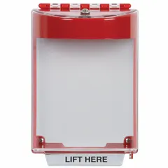 Red polycarbonate wall-mount guard designed to protect indoor intercom stations from vandalism and accidental damage. Includes a built-in alarm and mounting hardware. Features a 'LIFT HERE' legend and is water resistant. Overall depth: 5 7/16 in.