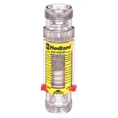 This HEDLAND inline variable area flowmeter measures water flow rate in gallons with +/-5% accuracy. It features a scale display, universal mounting orientation, and Buna-N seals and O-rings. Suitable for monitoring flow in water systems, cooling circuits, and process lines.