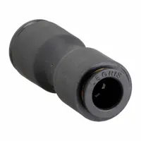 This union fitting connects two tubes of different outer diameters (8 mm and 10 mm) in pneumatic systems. It features a push-to-connect design on both ends for tool-free installation and a secure, leak-free joint. Constructed from nylon and nickel-plated brass, it is suitable for use in air lines, instrumentation, and control circuits