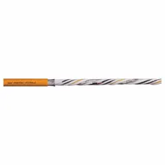This CHAINFLEX servo VFD power cable features a shielded twisted pair 16 AWG for signal and (4) 8 AWG conductors for power, with an included ground. Rated for flexible use, it has a minimum bend radius of 5 x OD for fixed installations and 8 x OD for flexible applications. Suitable for connecting variable frequency drives to servo motors in industrial automation and robotics.