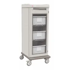 Polymer medical supply cart with one shelf and four swivel casters in taupe. Designed for mobile storage and transport of medical supplies in healthcare settings such as hospitals and clinics.