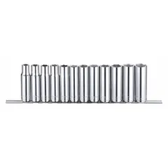 This 12-piece metric socket set features a 1/2 in drive and 6-point configuration for secure engagement with fasteners. Sizes range from 10 mm to 21 mm, including deep sockets for recessed bolts. Tether-ready design supports safety in elevated work environments. Suitable for tightening and loosening metric fasteners in automotive, industrial, and mechanical applications.