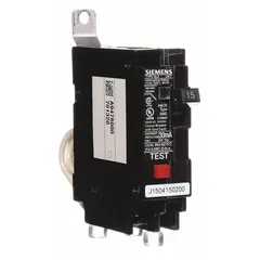 Single-pole, bolt-on miniature circuit breaker rated 15 A at 120V AC. Provides ground fault equipment protection with a maximum AIR rating of 10kA at 120/240V AC. Designed for use in Siemens P1 panelboards for branch circuit protection in electrical distribution systems.