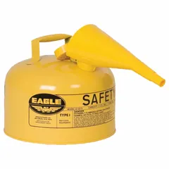 Type I safety can for diesel fuel storage and dispensing. Yellow color for diesel identification. Single opening for filling and pouring. Includes funnel for controlled pouring. 2 1/2 gallon capacity.