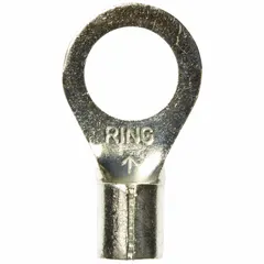 Non-insulated ring terminal rated for 1000 V, with brazed barrel and seam. Accepts 8 AWG wire and fits 3/8 in stud size. Used for terminating wires in electrical panels, motor controls, and power distribution systems.