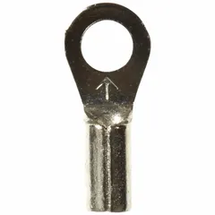 Non-insulated ring terminal for #6 stud size, accepting 22 AWG to 18 AWG wire. Rated 1000 V with brazed barrel and seam construction. Suitable for power distribution, control panels, and equipment grounding connections.
