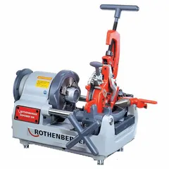 Portable pipe threading machine for on-site threading of steel pipes from 1/2 in to 2 in. Equipped with a 1 hp motor and single-speed operation. Includes two die sets. Suitable for plumbing, HVAC, and industrial piping installations.