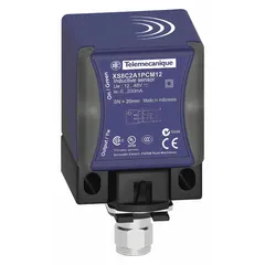 Shielded rectangular inductive proximity sensor with built-in connector and 2 wires. Operates on 24-240V AC or DC supply. Detects metallic objects without contact for position sensing, part detection, and conveyor monitoring in industrial automation.