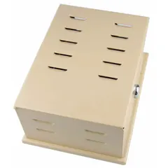 This steel thermostat guard features a hinged cover with lock and key, ring base, and single-wall construction in beige. Inside dimensions are 7-7/8 in H x 5-11/16 in W x 3-3/8 in D; outside dimensions are 8-7/16 in H x 6-1/4 in W x 3-11/16 in D. Used to protect thermostats from physical damage and unauthorized adjustments in commercial or industrial settings.