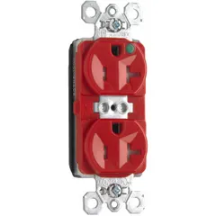 Duplex general purpose receptacle rated 20 A, 125 V AC with NEMA 5-20R configuration (2 pole / 3 wire). Red housing. Suitable for use in commercial and institutional settings where a 20 A, 125 V receptacle is required.