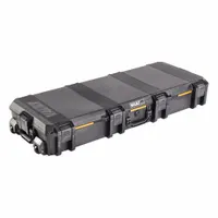 This lightweight long case is constructed of solid black plastic and weighs 22.07 lb. It features two wheels for mobility and is designed for transporting sensitive equipment such as cameras, electronics, or tools in field, travel, and industrial storage applications