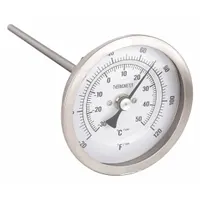 This back-mount fixed-angle dial thermometer features a thread-mount design for installation in pipes or tanks. It measures temperatures from -20°F to 120°F / -30°C to 50°C with ±1% accuracy. The 6-inch stem allows for immersion in air or liquid media. Suitable for monitoring temperature in HVAC, refrigeration, and industrial process applications