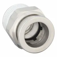This SMC fitting is a stainless steel push-to-connect adapter with a 1/2" BSPT male thread. It connects 12 mm OD tubing to threaded ports in pneumatic systems, providing a corrosion-resistant joint for air or inert gas lines