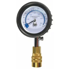 This compression gauge is a replacement power tool part used to measure cylinder compression in compatible equipment. It assists in diagnosing engine health by indicating pressure loss, worn rings, or valve issues during maintenance or troubleshooting.