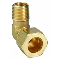 Brass compression elbow fitting with standard sleeve, connecting 5/8 in OD tubing to 3/8 in male NPT threads. Suitable for 90-degree turns in pneumatic, hydraulic, and instrumentation fluid systems. Sold in packs of 10