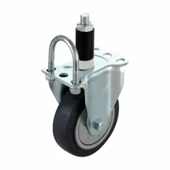 Rigid caster designed for clamp-on pipe systems. Features a rubber wheel with silver/black finish and a maximum load capacity of 250 lb. Suitable for industrial workstations, conveyors, and material handling setups requiring stable, non-swiveling mobility.