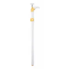 This piston-action down-stroke drum pump features a polypropylene housing and Viton seals. It delivers a maximum flow rate of 14 oz per stroke and includes a spout for controlled dispensing. Suitable for transferring fluids from standard drums in industrial and maintenance applications.