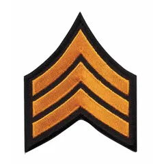 Rank insignia patch for identifying Sergeant rank on uniforms. Measures 3 inches, features gold design on black background, constructed from polyester and rayon. Sold as a pair (1 PR).