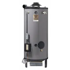General purpose commercial gas water heater with 100-gallon nominal tank capacity and 270,000 BTU input. Operates on natural gas with direct spark to pilot ignition and standard venting. Includes temperature and pressure relief valve. Recovery rate of 238 gph at 110°F rise and maximum recovery flow of 655 gph at 40°F rise. 120V AC, 8-inch vent connection, front water connections. 73.88 inches tall. US CSA (Star) certified.