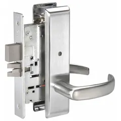 Privacy lever lockset with F19 function for interior doors requiring privacy locking, such as bathrooms or bedrooms. Features satin chromium-plated finish and 8800FL Pacific Beach lever style. Not ADA compliant, not ligature-resistant, and has no visual indicator.