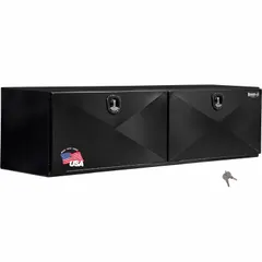 Steel topside box with double drop-down doors and a T-handle compression lid. Finished in black with a keyed lock for secure access. Designed for organized storage of tools and equipment in truck beds.