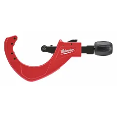 This full-size tubing cutter uses a spring-loaded shear mechanism for cutting copper tubing. It has a cutting capacity of 1 5/8 in to 3 5/8 in outer diameter and a tool length of 10 1/2 in. Suitable for plumbing, HVAC, and refrigeration applications.