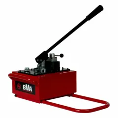 This hand pump is a double-acting, two-stage unit constructed from steel. It delivers a maximum pressure of 290 psi in the first stage and is designed for use with double-acting hydraulic cylinders. Typical applications include manual pressurization of hydraulic fluid for lifting, pressing, or clamping tasks in industrial maintenance and construction.
