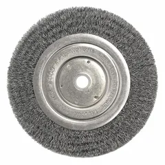 This light-cleaning brush is designed for carbon steel surfaces, featuring a crimped steel fill of 0.008 in. It is 6 in diameter by 1/2 in wide and accepts a 5/8 in to 1/2 in arbor. Typical applications include removal of rust, scale, and light burrs in maintenance, fabrication, and metalworking tasks.