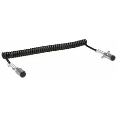 This 7-way plastic cord features a spring guard for strain relief and accommodates wire gauges from 0.5 ga to 0.1 ga. It is used for electrical connections between vehicles and trailers, supporting functions such as lighting, brakes, and auxiliary power in towing applications.
