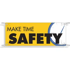 This polyethylene safety banner is printed on one side and rated for indoor and outdoor use. With a nominal size of 48 inches by 120 inches, it is suitable for displaying safety messages in industrial facilities such as warehouses, factories, and construction sites.