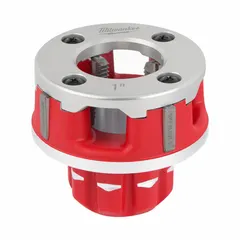 This die head is designed for use with handheld pipe threaders to cut NPT threads on 1-inch pipe. Constructed from alloy steel, it features right-hand thread orientation. Commonly used in plumbing, electrical conduit, and industrial piping installations.