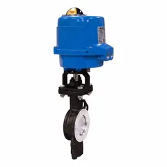 Wafer-style carbon steel electric butterfly valve with RPTFE seat and stainless steel disc. Operates on 24V AC/DC with manual input control signal. For on-off or modulating flow control in industrial piping systems.