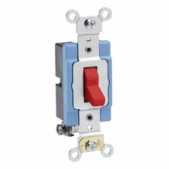Single-pole maintained toggle wall switch rated 120/277V AC and 15 A. Non-illuminated with a red finish. Used for basic on/off control of lighting or equipment in commercial and industrial circuits.