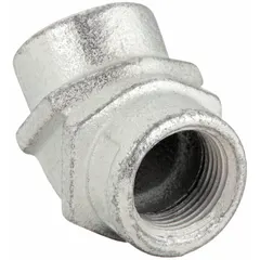 This 45° elbow is made of electroplated iron with 1/2 in FNPT female-to-female connections. It is used in conduit systems to change the direction of rigid metal conduit, suitable for hazardous locations where corrosion resistance is required.