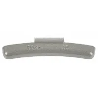 Zinc clip-on wheel weight with coated finish for balancing passenger car tires on aluminum rims. Attaches securely to the rim flange to correct wheel imbalance, reducing vibration and promoting even tire wear