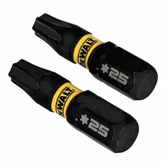 This impact-rated Torx bit features a T25 size and standard hex shank in Imperial dimensions. Constructed from S2 steel, it is designed for driving Torx-head fasteners with impact drivers and power tools in general fastening applications.