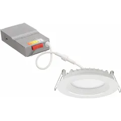 This 4-inch low-profile canless LED downlight operates at 120V AC and 9W, delivering 670 to 950 lumens with selectable color temperatures of 2700K, 3000K, 3500K, 4000K, or 5000K. It is dimmable and features a white trim, suitable for general ambient or accent lighting in residential and commercial spaces where shallow ceiling depth is required.