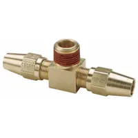 Brass compression tee fitting for connecting copper lines in DOT air brake systems. Joins a 3/8 in OD tube to a 1/4 in pipe thread and another 3/8 in OD tube. Suitable for pneumatic braking circuits on heavy trucks and trailers. Pack of 10